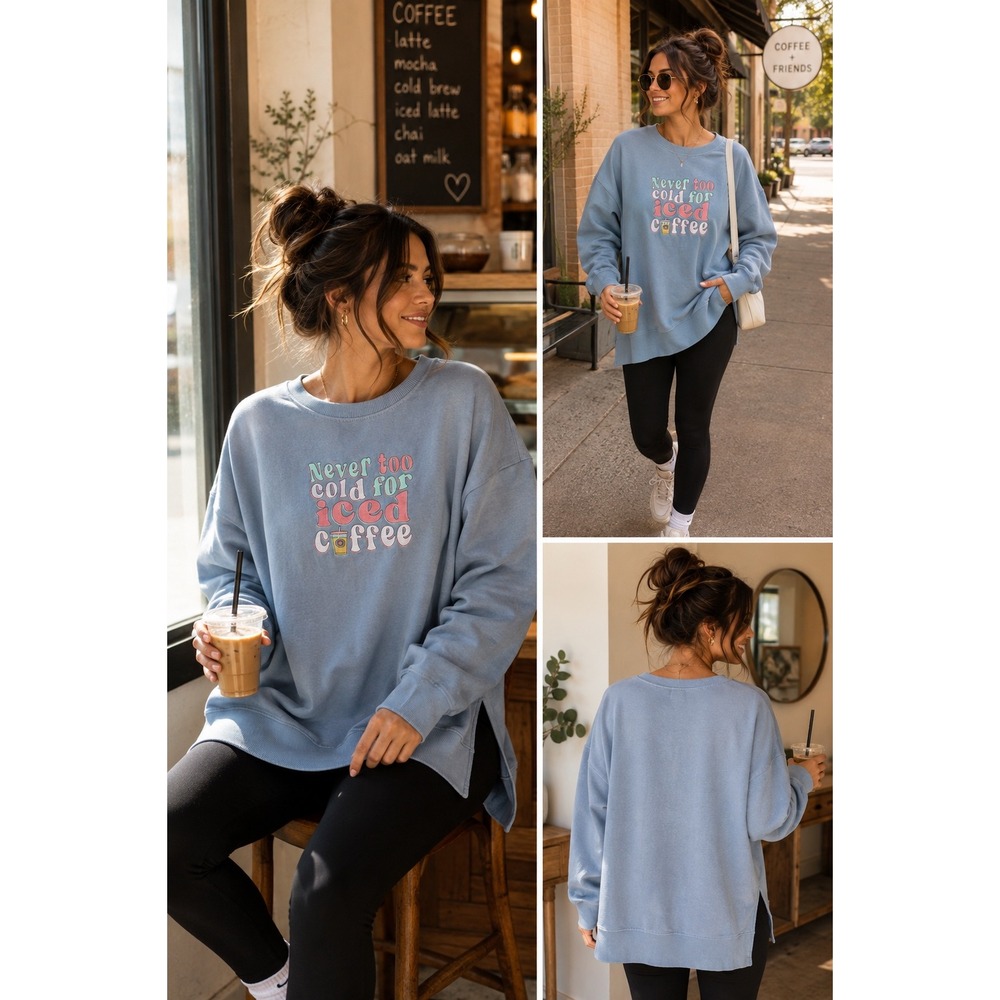 Jadelynn Brooke Never Too Cold For Iced Coffee Oversized Sweatshirt Blue XL